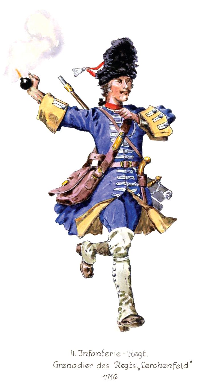 An early 18th-century German grenadier prepares to toss a lighted grenade. It was less a grenade than a bomb with a fuse. 