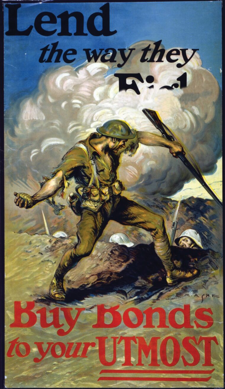 A World War I-era war bonds poster shows a stalwart American doughboy preparing to hurl a “pineap- ple” grenade into a trench filled with cowering German soldiers.