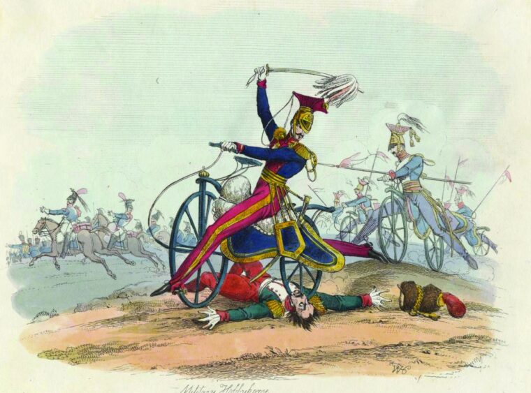 A tongue-in-cheek British cartoon from 1819 lampoons the idea of adapting the newly invented bicycle for military use.