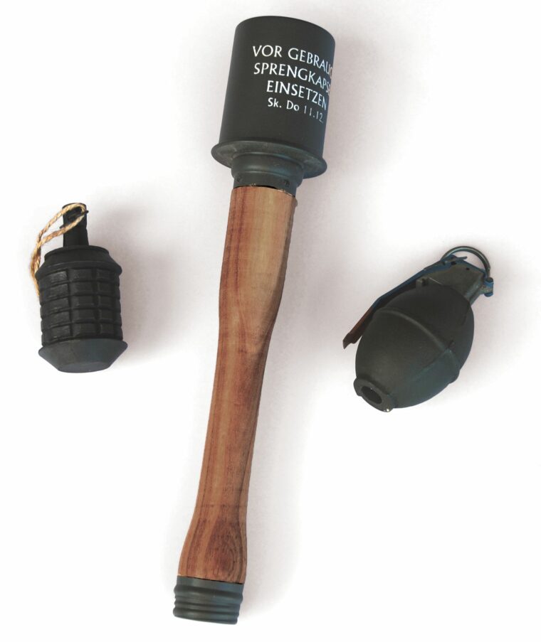 Excellent copies of the classic WWII grenades: the Japanese Type 97, which resembles a lantern; the distinctive German M23 “potato masher”; and the lesser-known American “lemon” grenade.