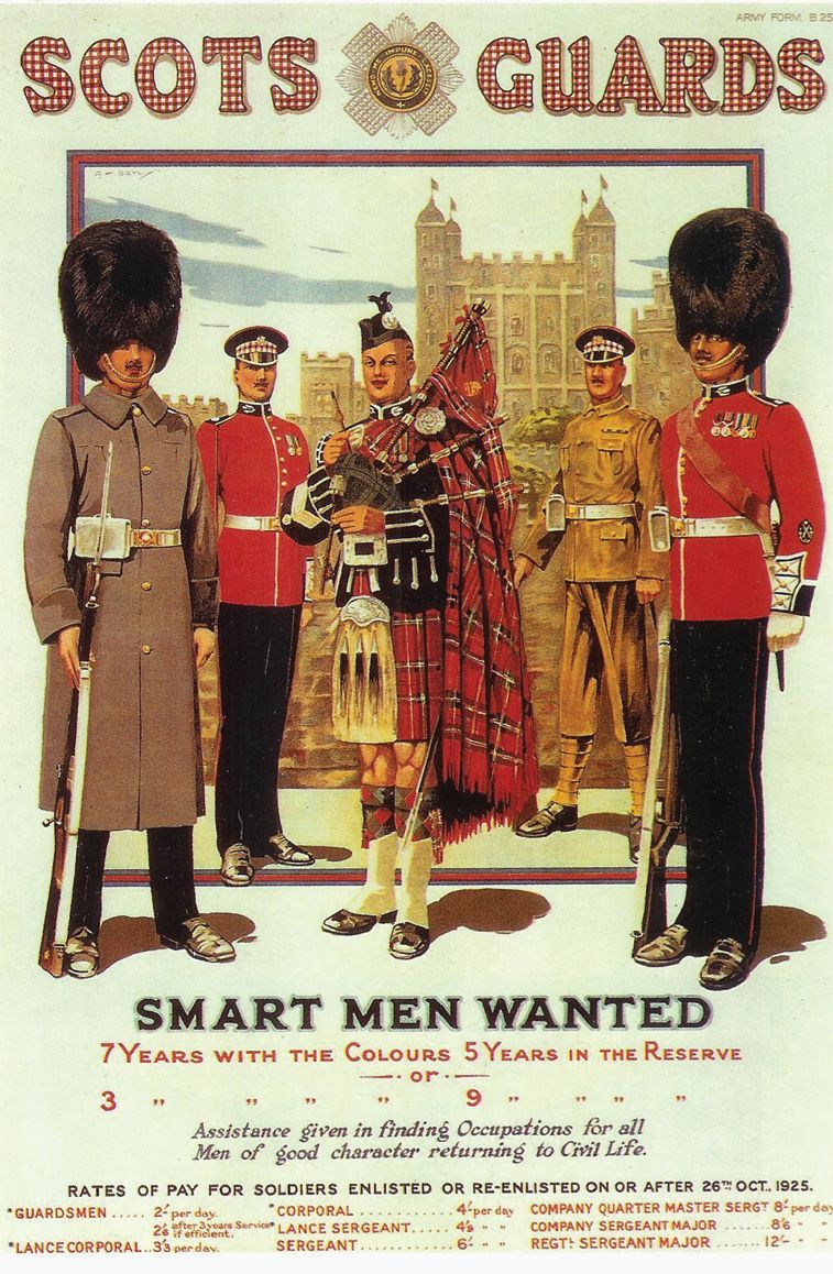 A modern reprint of a World War I-era postcard depicts a recruiting poster for the Scots Guards.