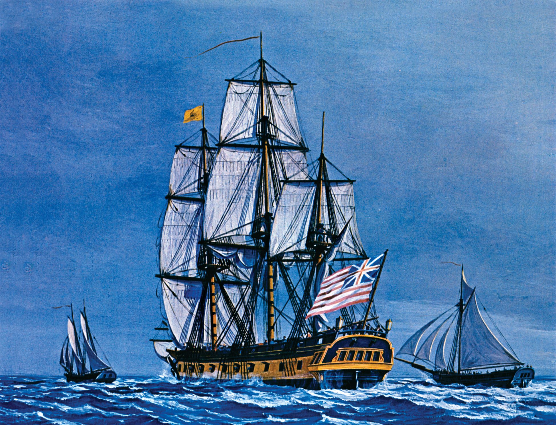 Formerly the Black Prince captained by John Barry, the Alfred raises the flag of the Continental Navy for the first time. Painting by Nowland van Powell.