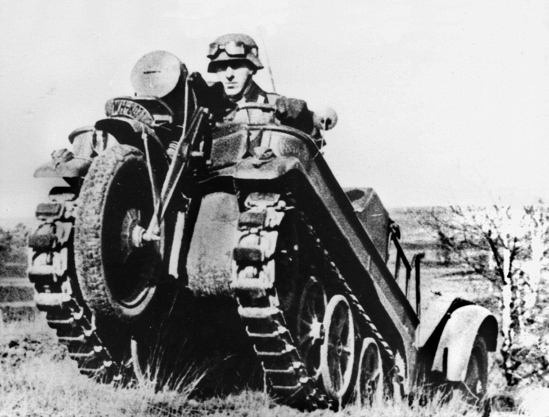 While capable of reaching 50 miles per hour on level roads, the Kettenkrad’s motorcycle-like front wheel was removed for off-road applications over rough terrain.