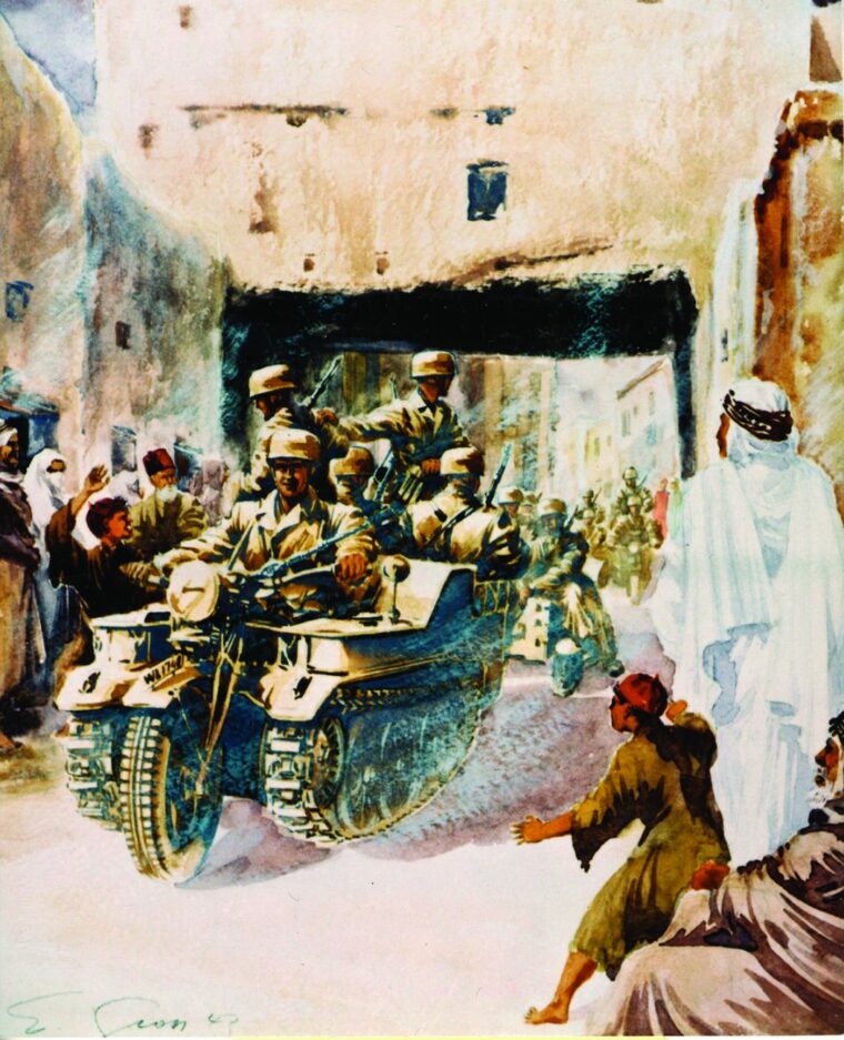 In this 1943 painting by an unknown German war artist, paratroopers use a Kettenkrad to pull a trailer through the dusty streets of a Tunisian village.