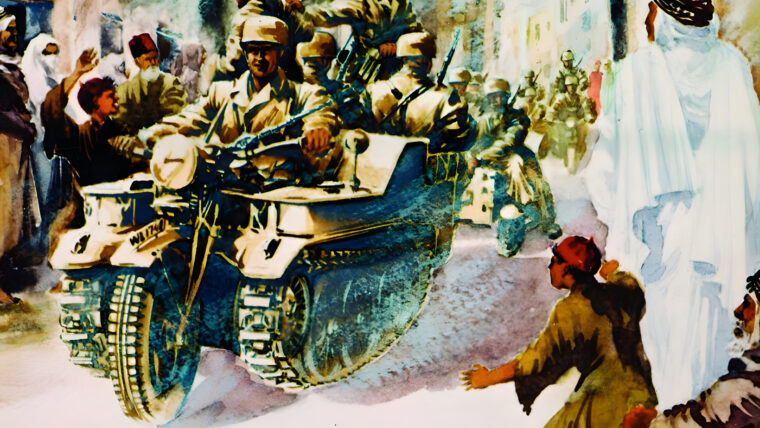 In this 1943 painting by an unknown German war artist, paratroopers use a Kettenkrad to pull a trailer through the dusty streets of a Tunisian village.