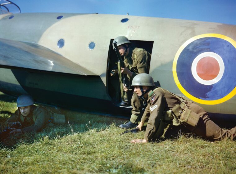Glider troops prepare for a training exercise in 1942. Glider operations were particularly risky given the light weight and wooden construction of the aircraft and the need for substantial clear ground on which to land and disgorge troops.