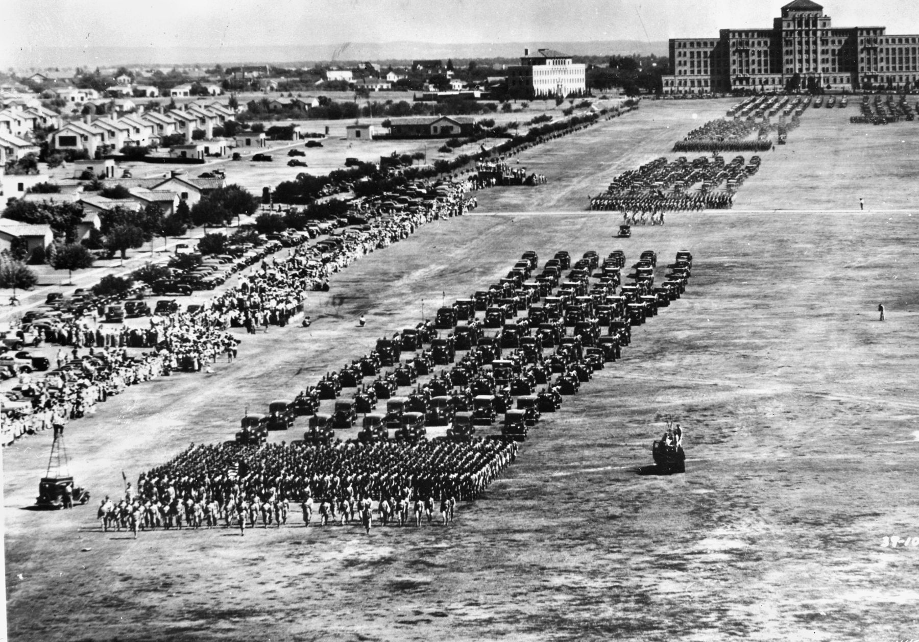 A division of the U.S. Army is shown on parade at Fort Sam Houston, Texas, in 1939. By that time, Army divisions such as this one were composed of three regiments.