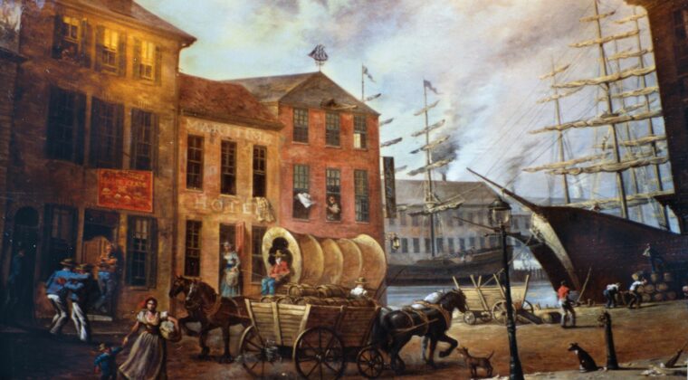 The Baltimore waterfront, here looking deceptively peaceful, was a focal point of pro-war rioting in 1812, when ships carrying British goods had their sails and rigging slashed.