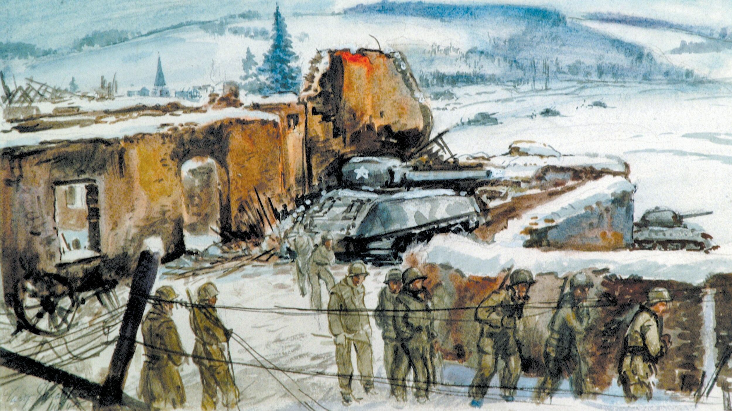 This haunting image of a snow-covered Bastogne was painted by a U.S. Army artist about the time of the siege in December 1944. U.S. forces refused to evacuate the Belgian crossroads town and stood against repeated German attacks.