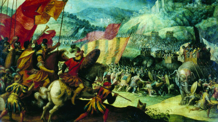 Hannibal leads his Carthaginian army, mounted on elephants, against the Romans in this 16th-century painting.