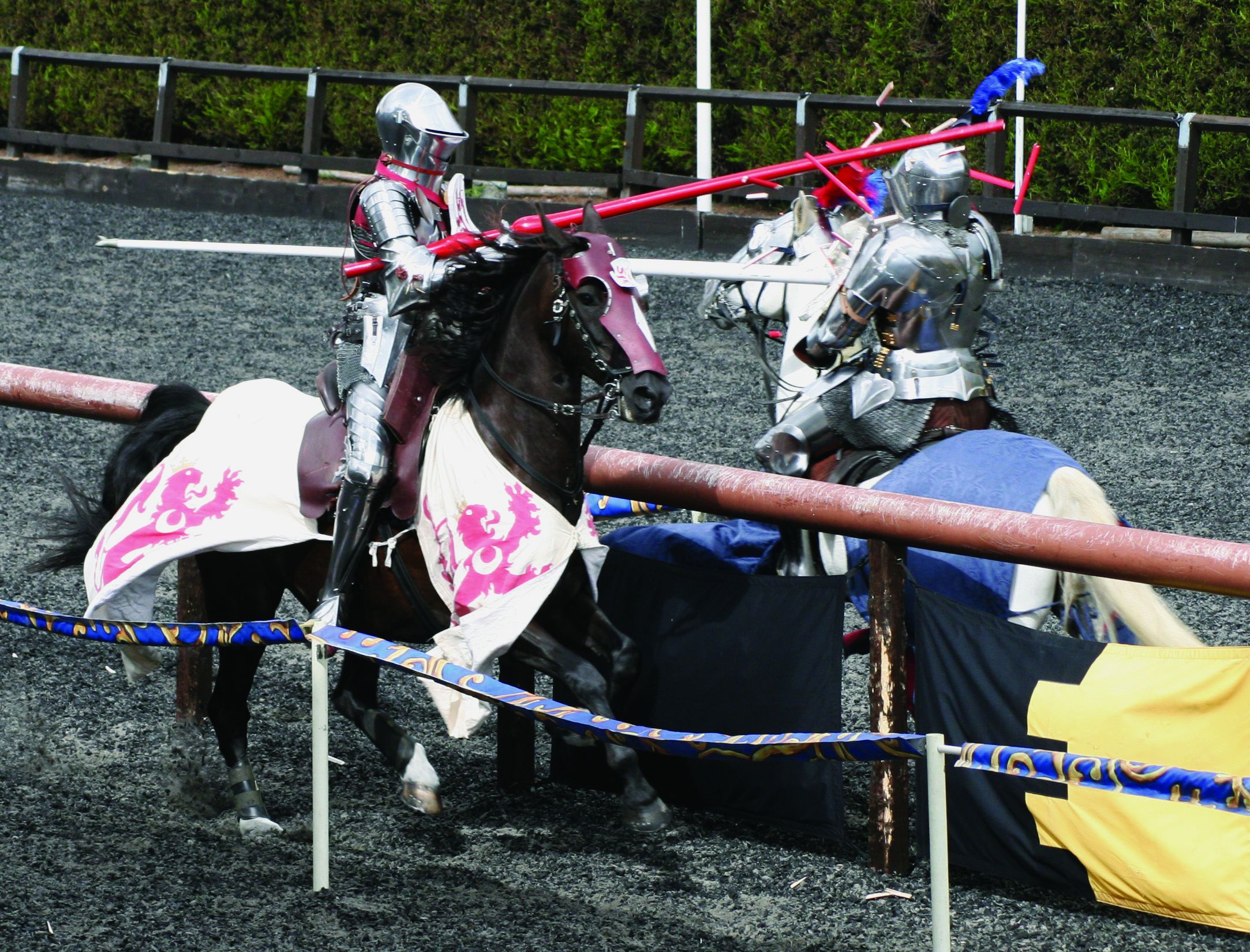 Graham Turner (left) displays his skill at riding a horse in full armor as he clashes with his opponent at a competitive jousting tournament.