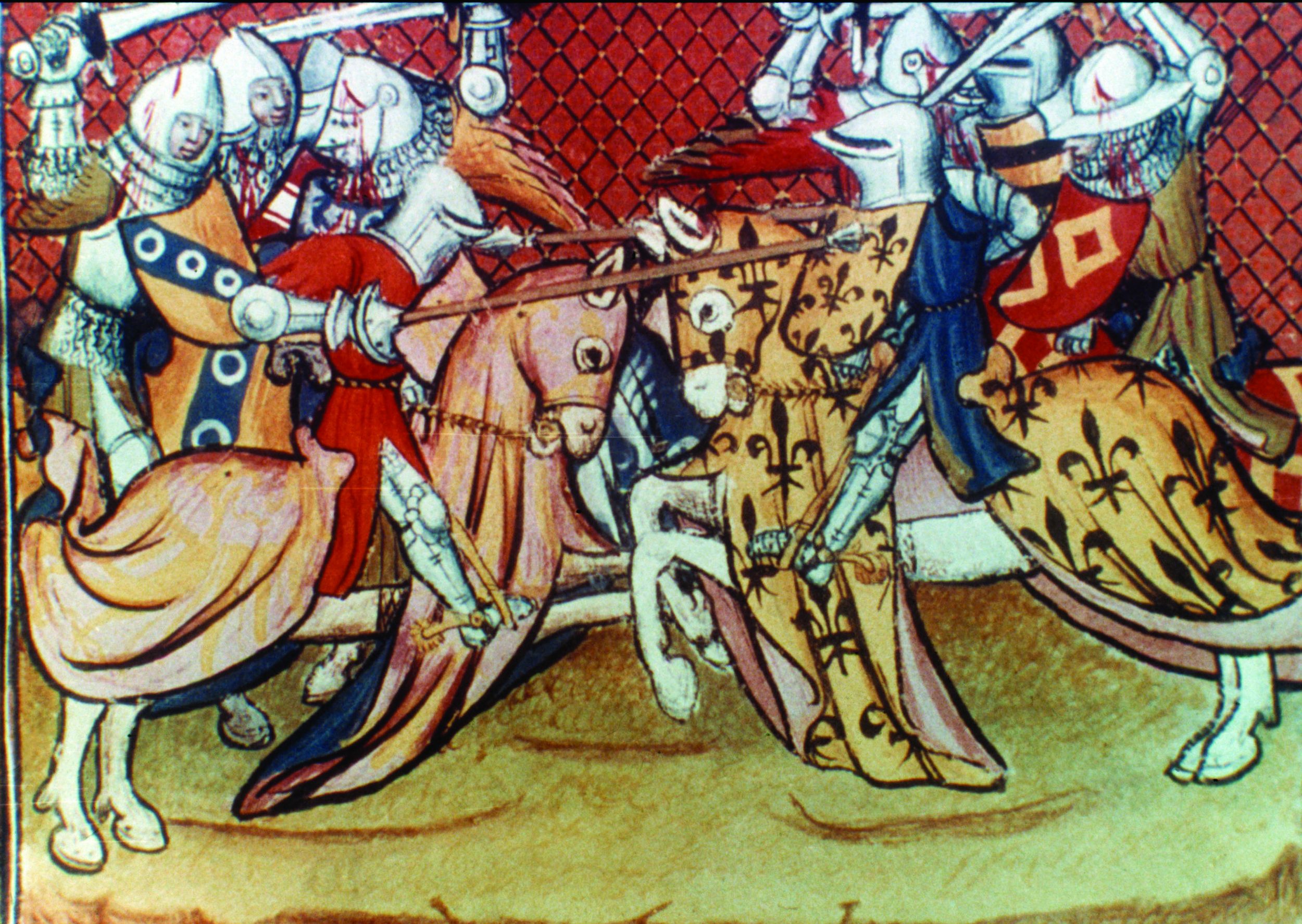 A French knight, right, sports the royal fleur-de-lis in a 15th-century illuminated manuscript.