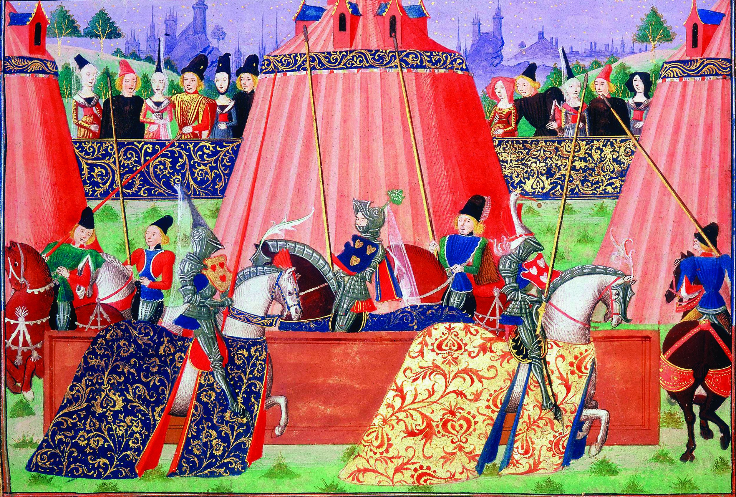 Knights in their finery take part in a royal tournament at St. Inglevert, France, in the 15th century.