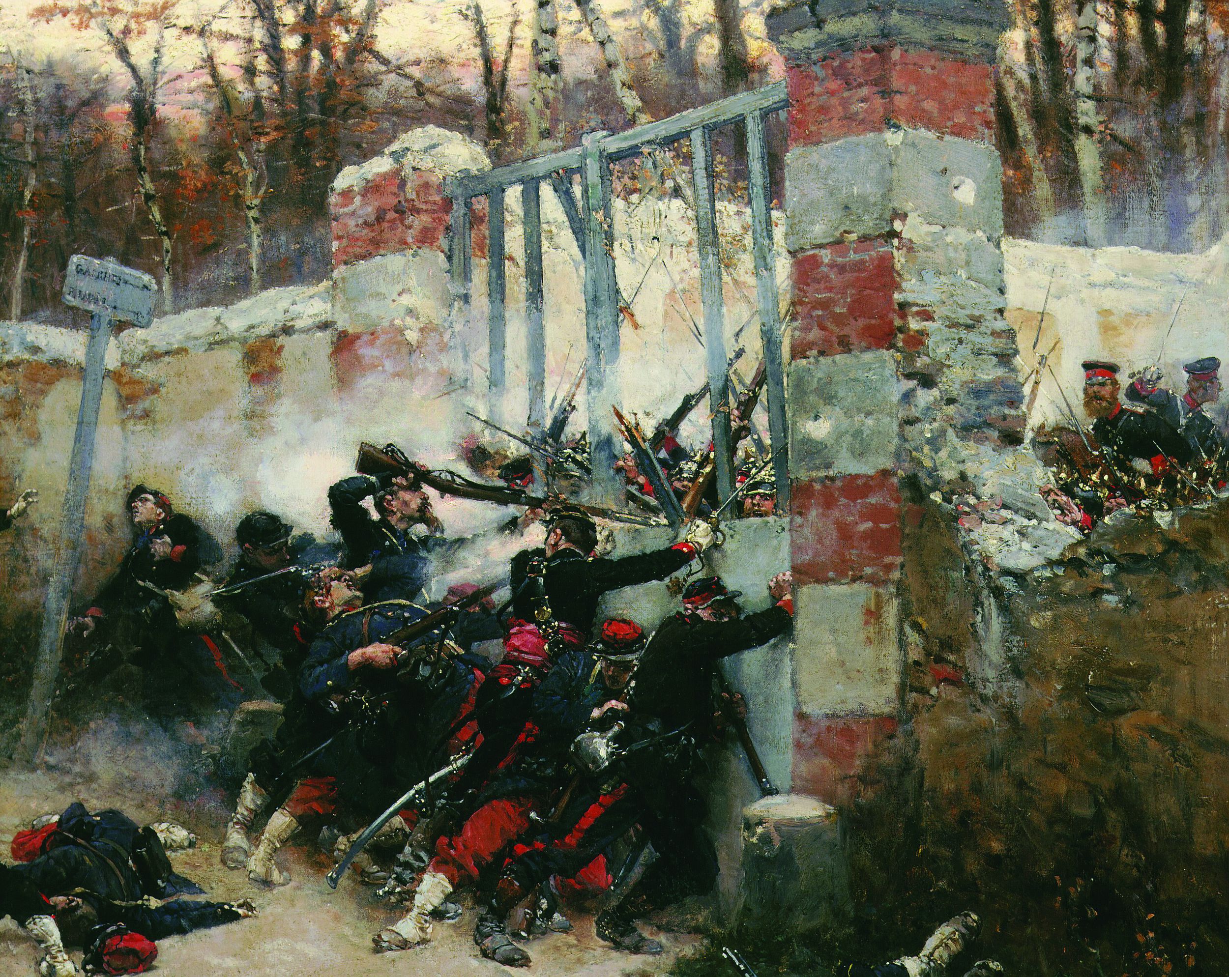 French soldiers attack the Longboyau Gate at Buzenval, France, in January 1871.