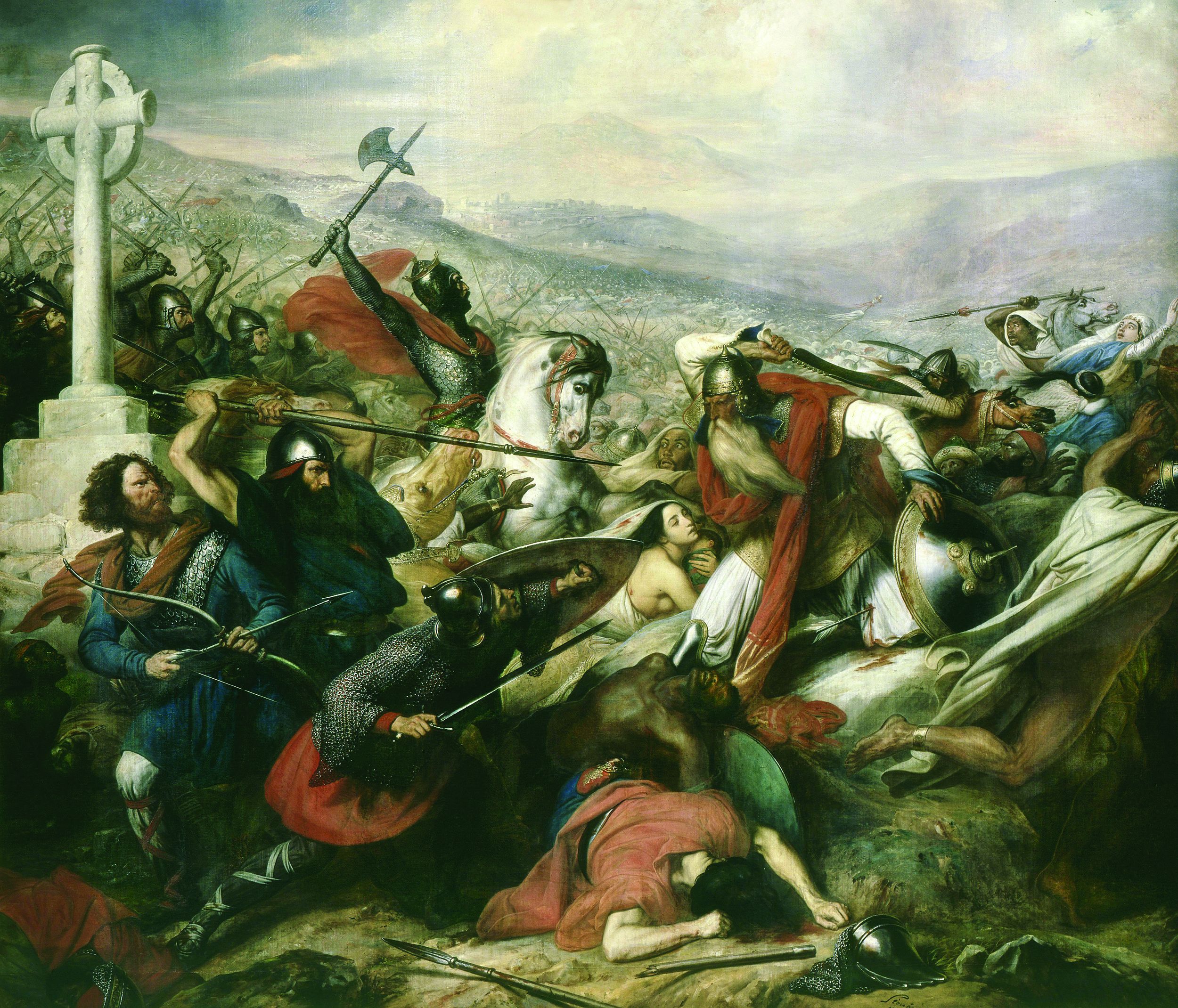 With a Christian cross prominently displayed at left, Charles Martel’s Frankish forces beat back Muslim invaders at Tours in Charles Steuben’s 19th-century painting.