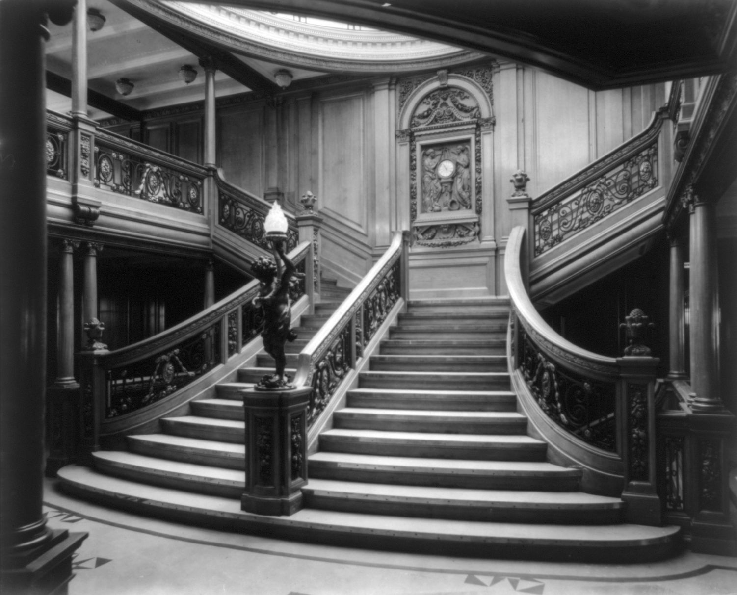 The ornate grand stairway on SS Olympic, the most famous troop transport in World War I. Olympic survived four submarine encounters.