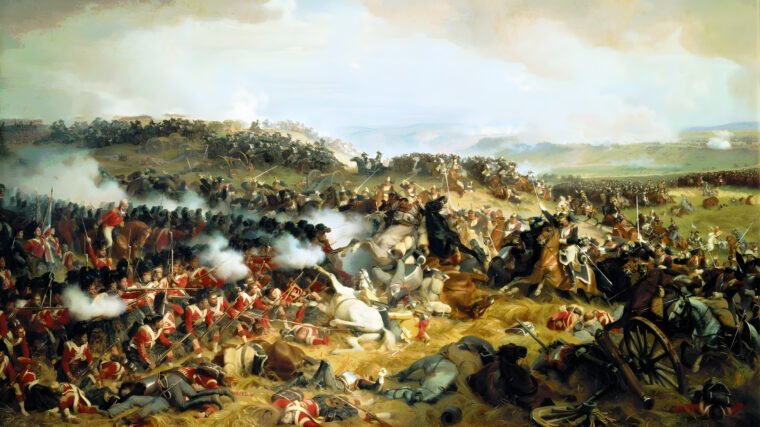 Nineteenth-century artist Felix Philippoteaux created this painting of one of the French cavalry charges against a British square. The first row of Scots set their rifle butts in the ground, presenting bayonets to the horses, which shied at the sight. Philippoteaux made the hills steeper than they actually are.