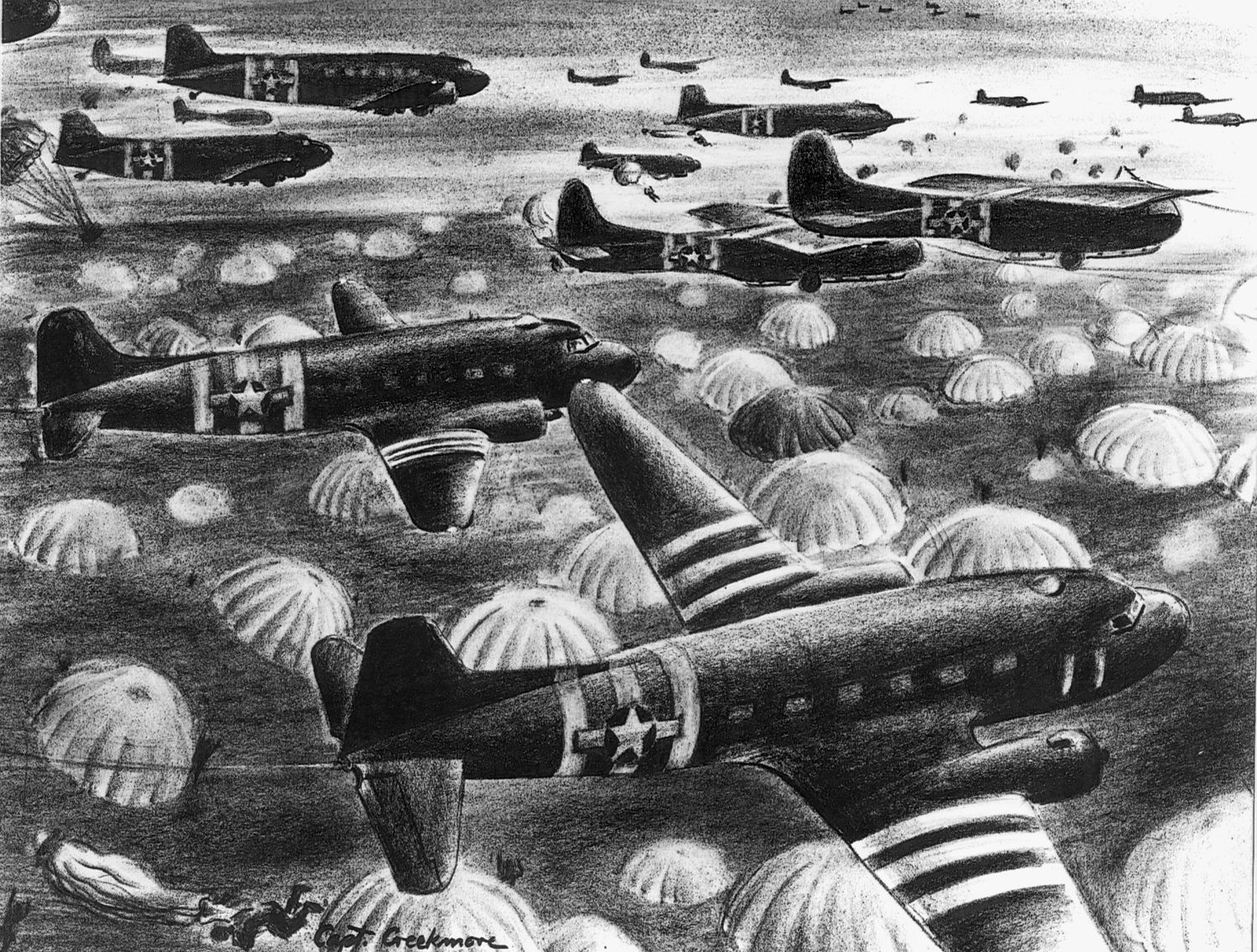 Their faces displaying a variety of emotions, these paratroopers from the 101st Airborne prepare to take off in a C-47 “Skytrain” on D-Day. In a somewhat fanciful representation of D-Day, a combat artist shows Waco CG-4A gliders mixed in with the aerial invasion force.