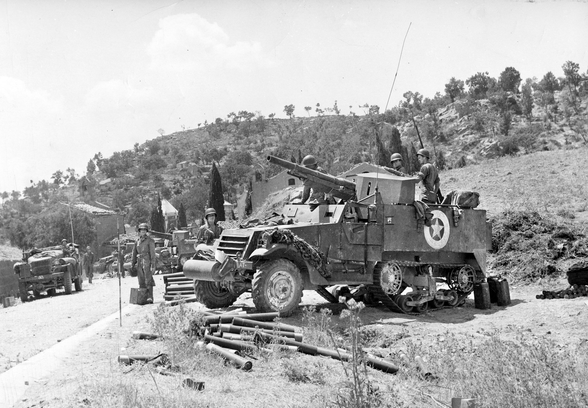 The crew of a self-propelled 75mm gun motor carriage awaits orders to go into action during the 1st Division’s assault on Troina, August 7, 1943. The tough, nearly week-long battle cost Terry Allen his command.