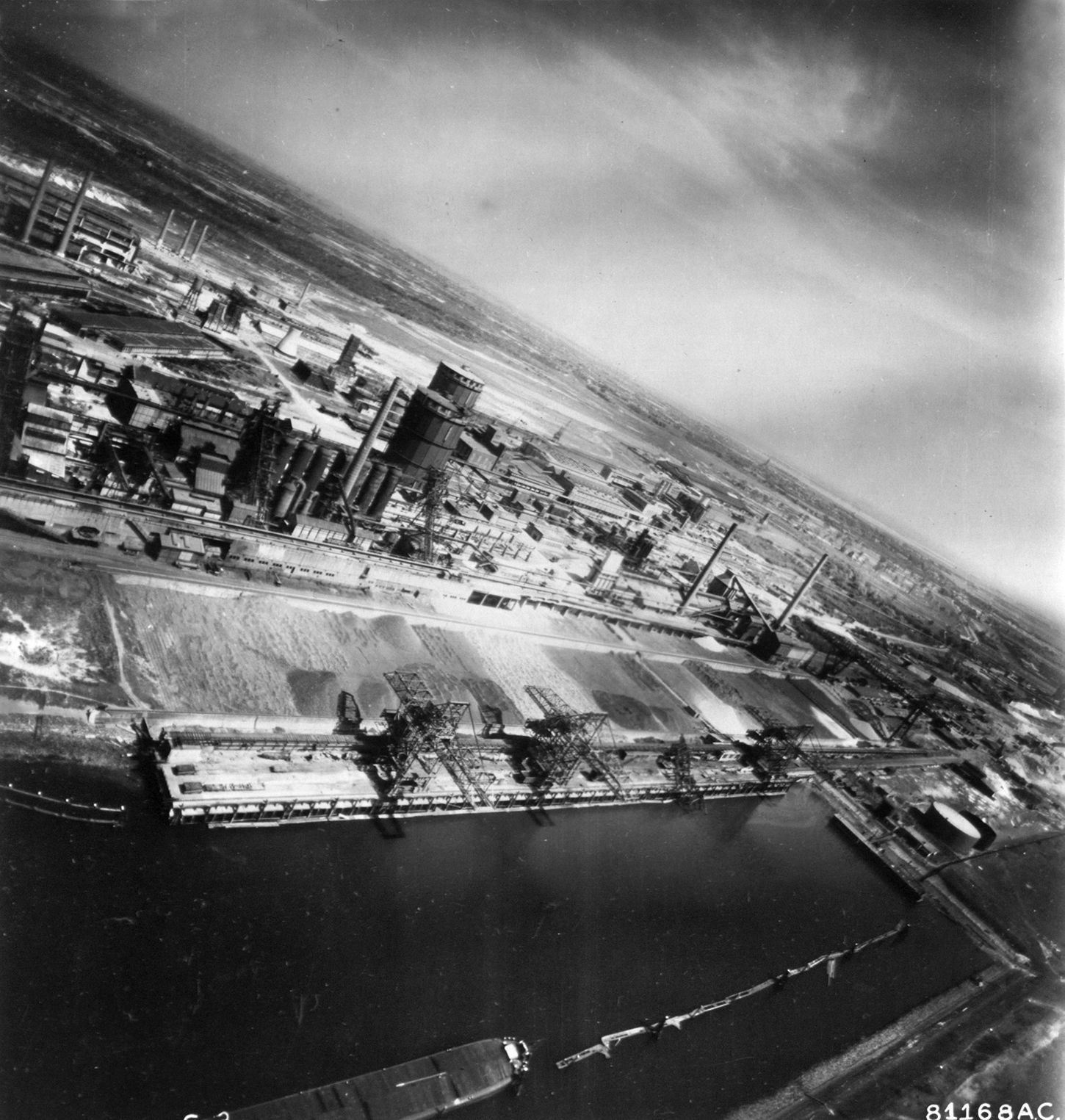 Aerial view of a damaged industrial site in IJmuiden from a later bombing raid. Despite low-altitude bombing, early B-26 raids were ineffective and resulted in extensive losses of men and planes.