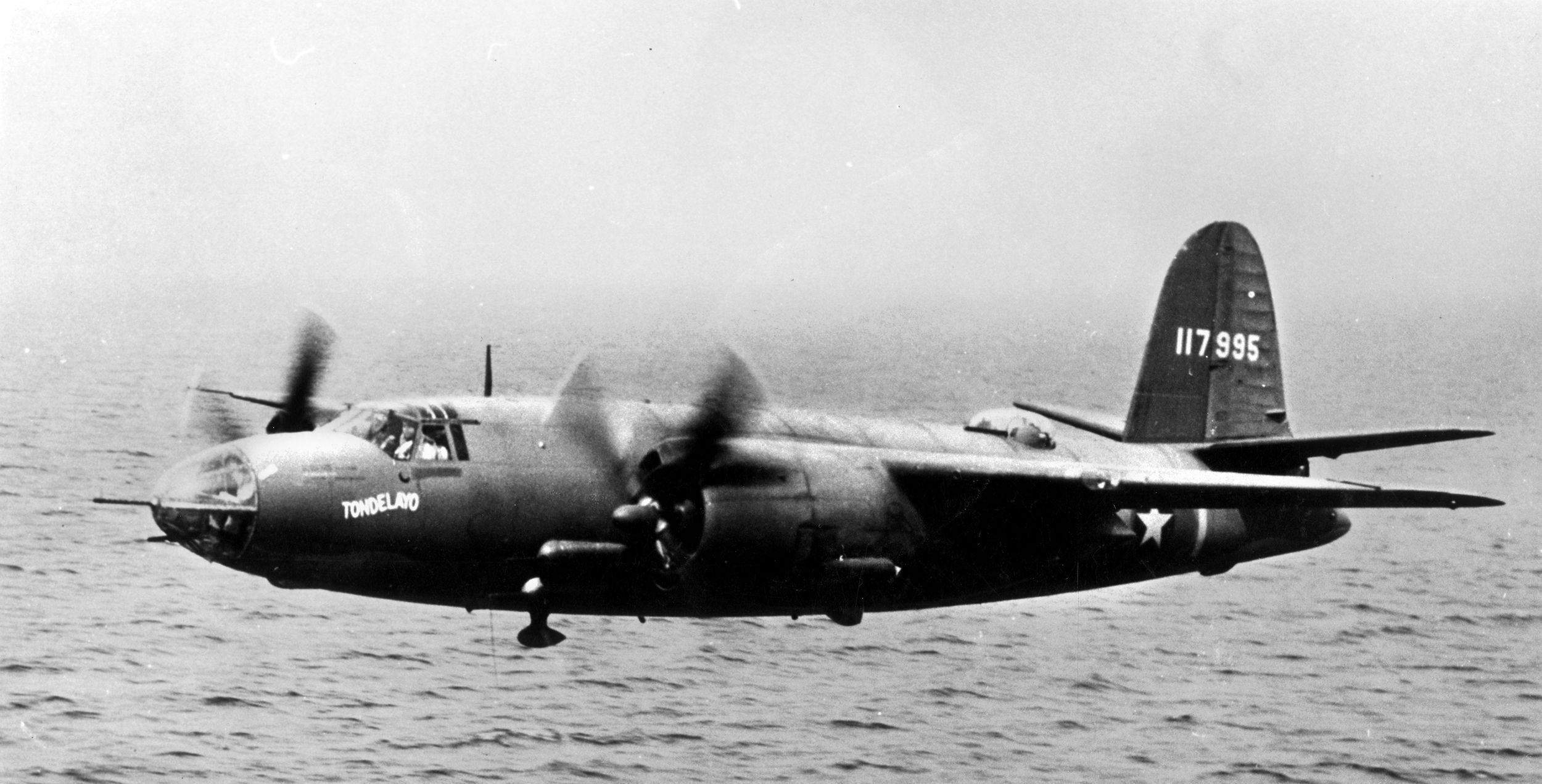 B-26 “Tondelayo” flies low over the English Channel before the first raid on IJmuiden, May 14, 1943. Lt. Col. Stillman piloted this aircraft with the 322nd Bombardment Group during the first raid.