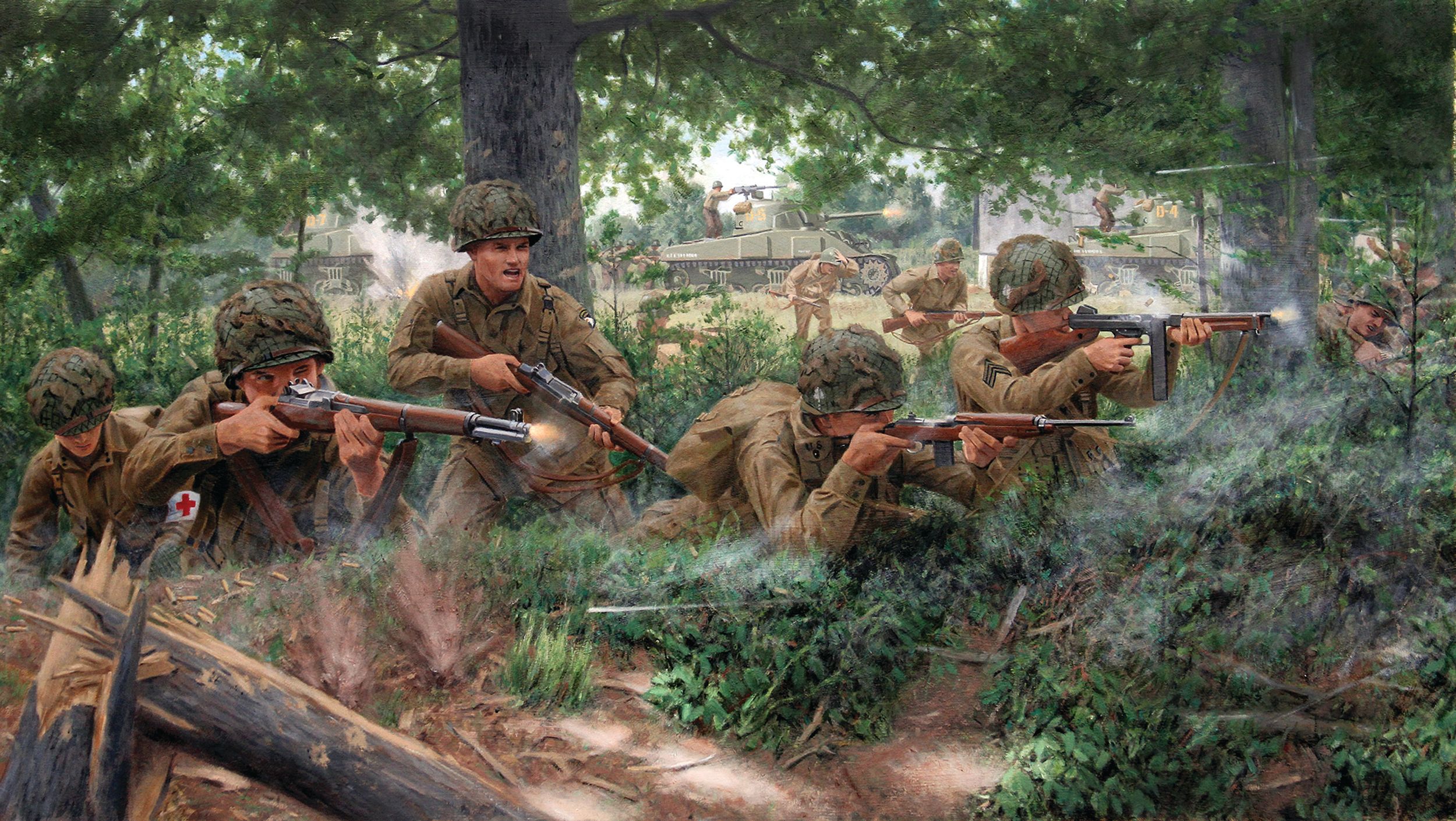 101st Airborne Division troopers, backed by Sherman tanks, battle the Germans in the woods surrounding Bloody Gulch in Normandy, June 1944, where Lieutenant Ronald Speirs and his men fought. The paratroopers had only rifles, machine guns, and grenades with which to conduct the battle until armored forces arrived.
