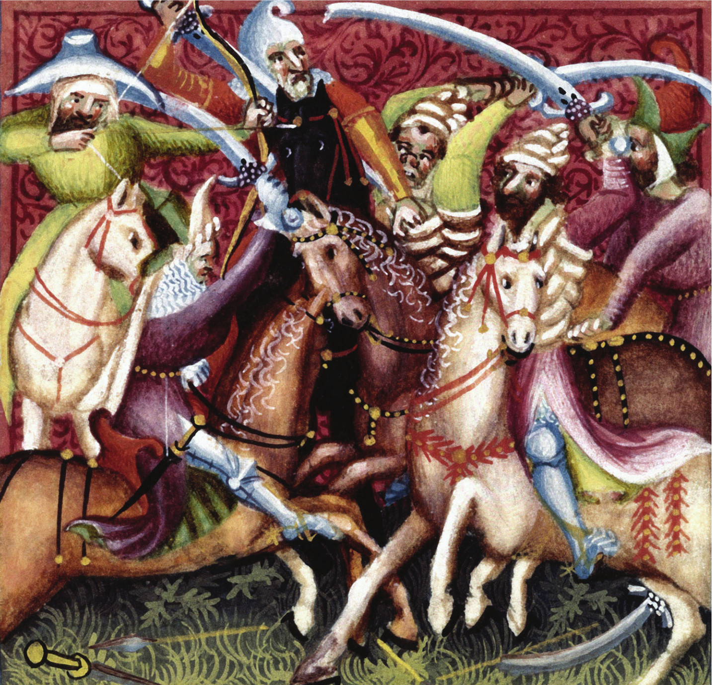 Mounted Christians and Muslims collide in combat during the climax of the Battle of Tours in this 15th-century manuscript illumination.
