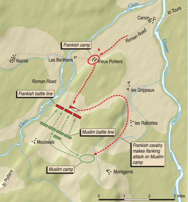 Frankish forces under Charles Martel took up a defensive line astride the old Roman road south of Poitiers, allowing Martel to anchor his flanks in heavy woods. Duke Eudes outflanked the Muslims and fell on their unguarded camp.