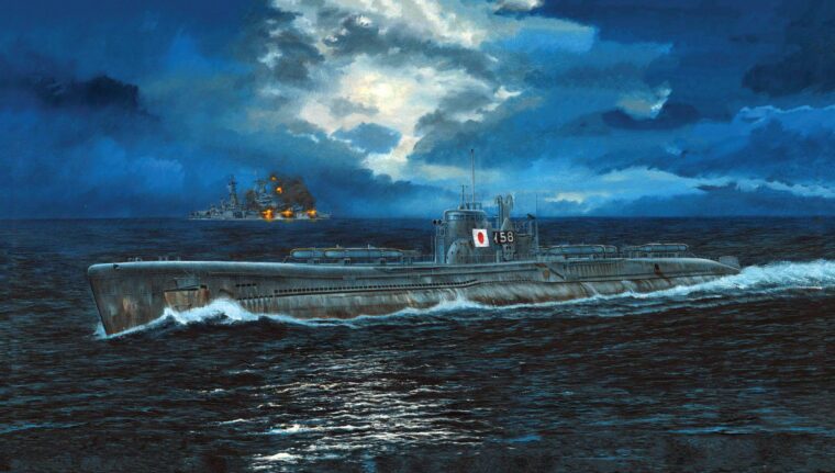 This artist’s impression of the sinking of Indianapolis shows the warship engulfed in flames in the distance with Japanese submarine I-58 on the surface in the foreground. The cruiser sank within minutes of being struck by a torpedo.