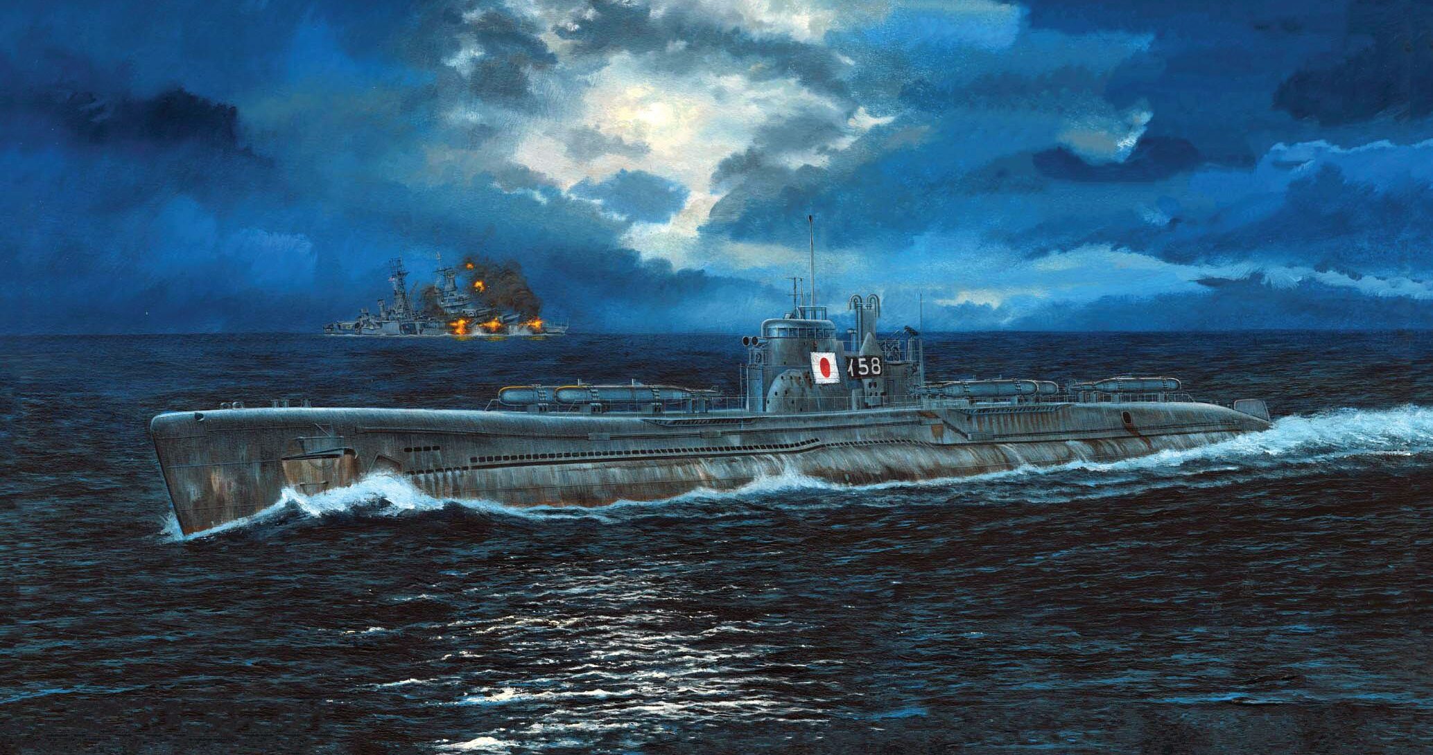 This artist’s impression of the sinking of Indianapolis shows the warship engulfed in flames in the distance with Japanese submarine I-58 on the surface in the foreground. The cruiser sank within minutes of being struck by a torpedo.