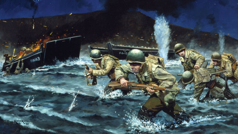 Soldiers of the 36th “Texas” Infantry Division splash ashore at Salerno. Corporal Charles Kelly carried a Browning Automatic Rifle and gained fame during the Italian Campaign.