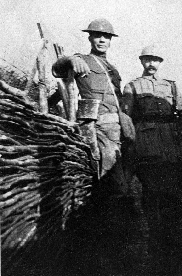 During World War I, Ted Roosevelt, seen here in the trenches in France in 1918, served as commander of the 26th Infantry Regiment, 1st Infantry Division.