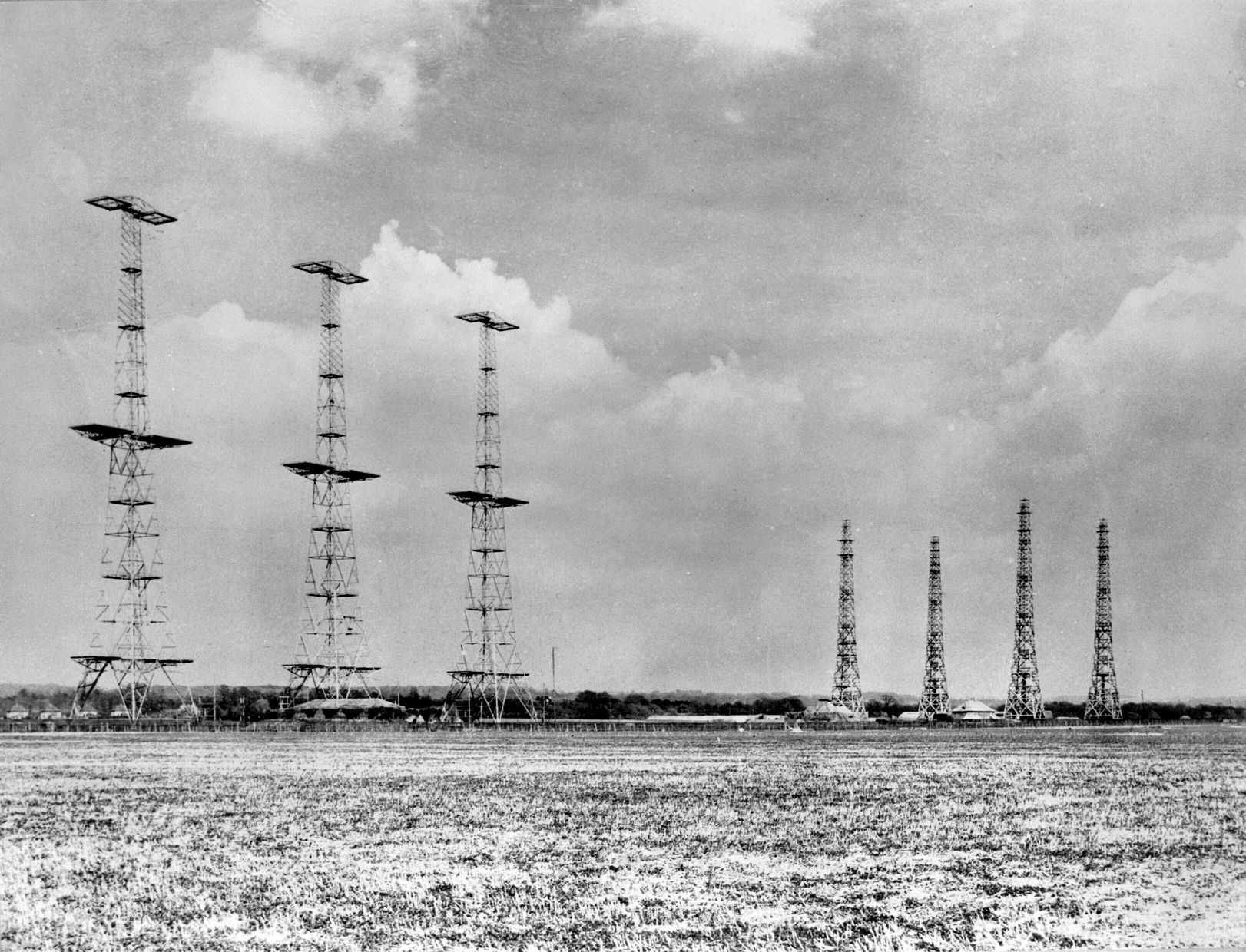 These radar masts located at RAF Poling, Bawdsey Manor, Suffolk, along the coastline of Great Britain, could detect the presence of German bomber formations assembling for raids some 200 miles away.