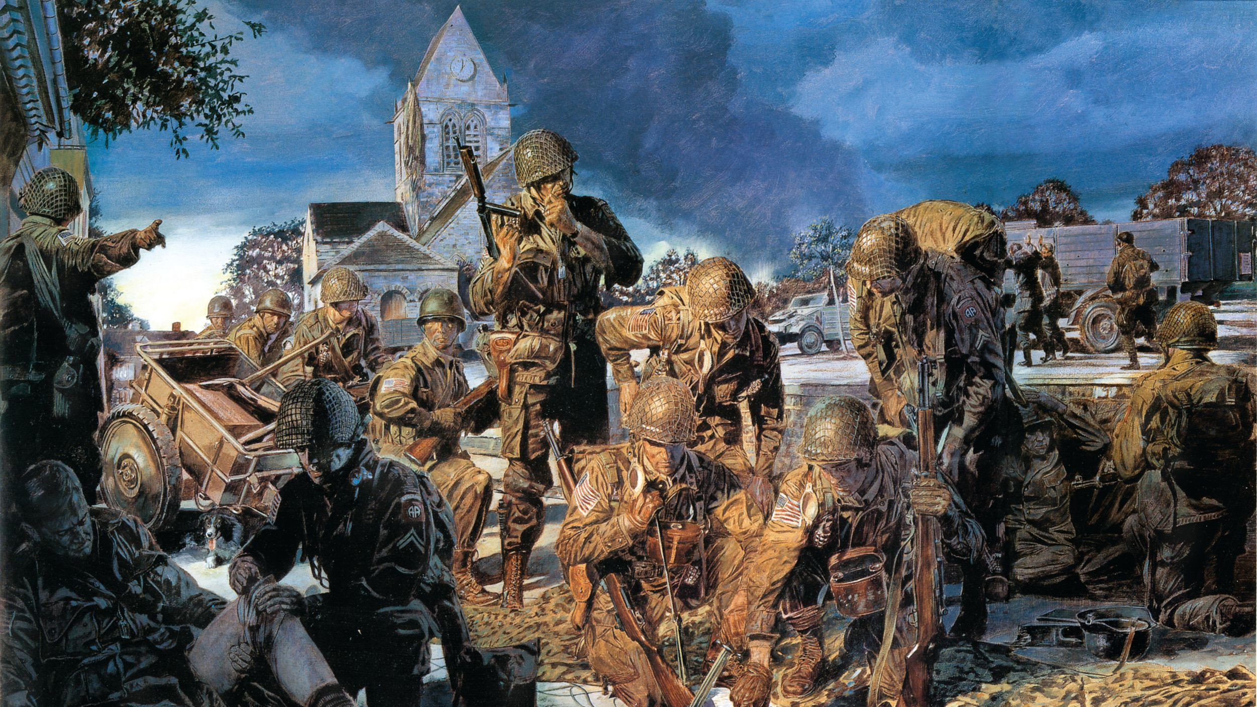 Seize the Day by Jim Dietz shows men from the 505th Regiment, 82nd Airborne in Sainte-Mère-Église, the parachute of trooper John Steele still hanging from the church tower in the background.