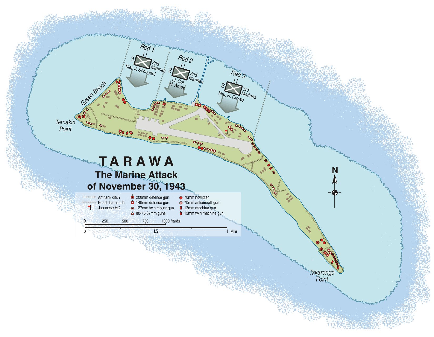 The three main invasion beaches (Red 1, 2, and 3) were located along the northern coast of Betio, the main island of Tarawa atoll, and within close proximity of the airfield. 