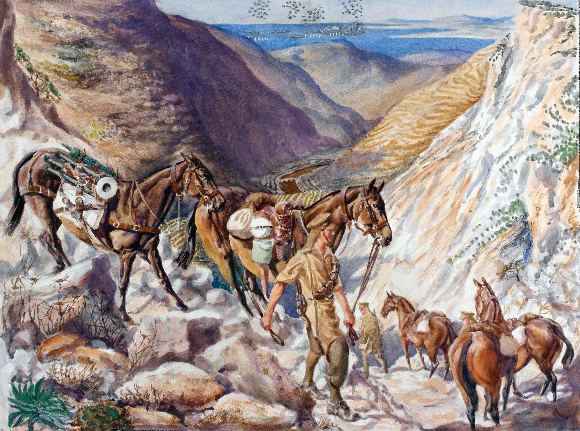 British troops lead a pack-horse train through a rugged mountain pass in Lebanon.