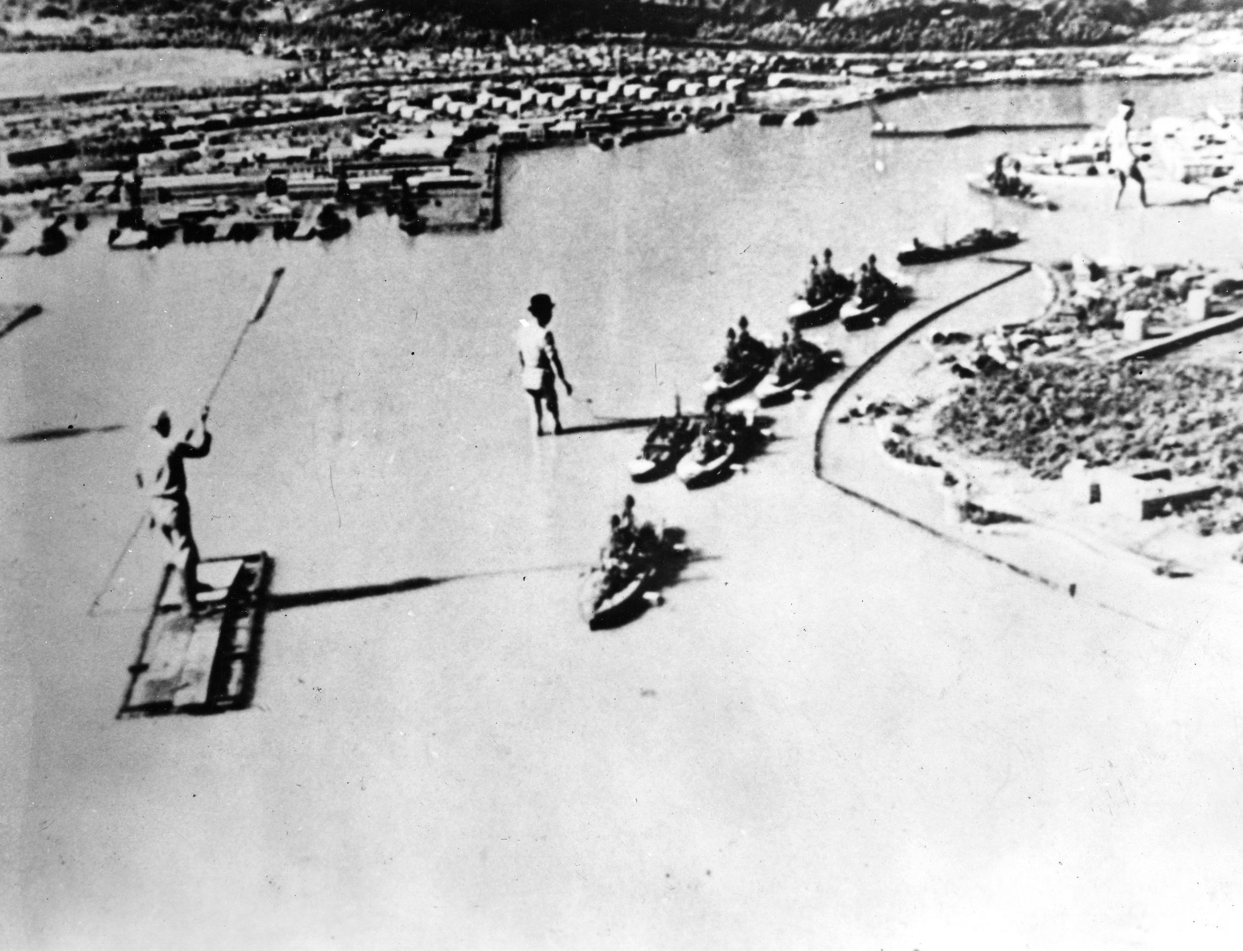 The Japanese created this mock-up of Ford Island and Battleship Row after the attack for use in a propaganda film.