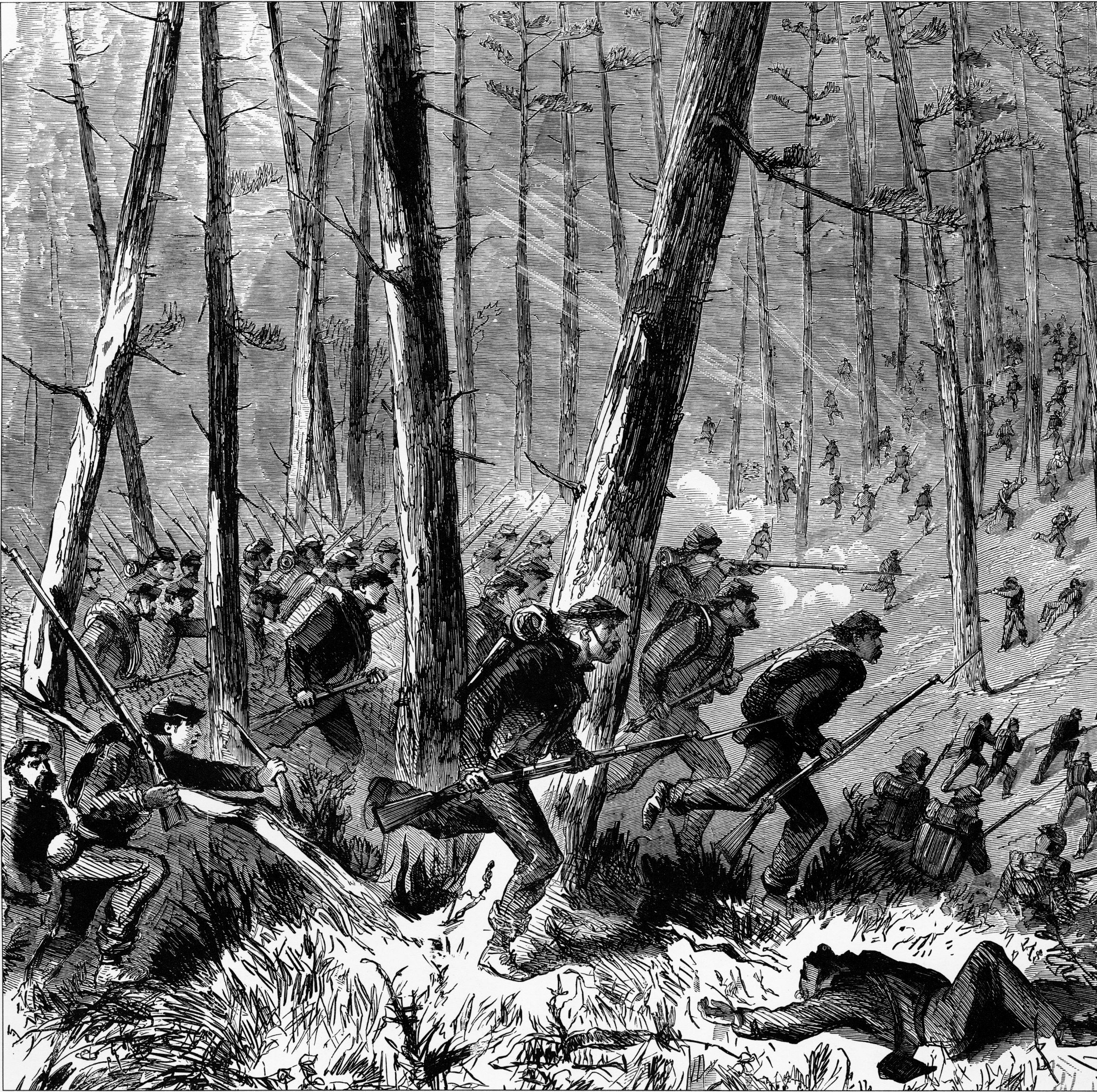 Deep ranks of Union troops advance at the double quick against outnumbered Confederates in the tangled woods south of Champion's Hill. The broken terrain south of the hill was cut up by ravines, hills, and forested tracts.