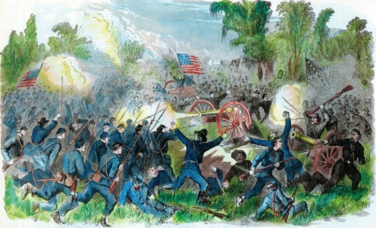 Union troops assail the Confederate center at Champion’s Hill midway between the state capitol of Jackson, Mississippi, and the stronghold of Vicksburg. The action at Champion’s Hill proved to be the decisive action of the Vicksburg campaign.