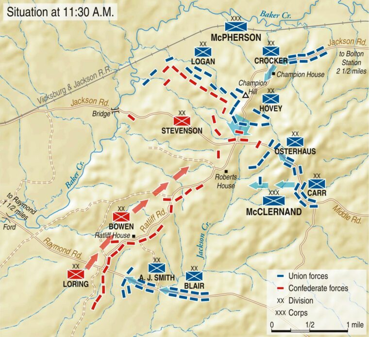 Union Maj. Gen. John McClernand on the Union right pressed his attack on making the most of the open terrain north of Champion's Hill. A counterattack by Brig. Gen. John S. Bowen's division brought a brief reprieve, but Confederate Maj. Gen. Carter L. Stevenson’s troops ultimately found themselves outflanked and retreated. 