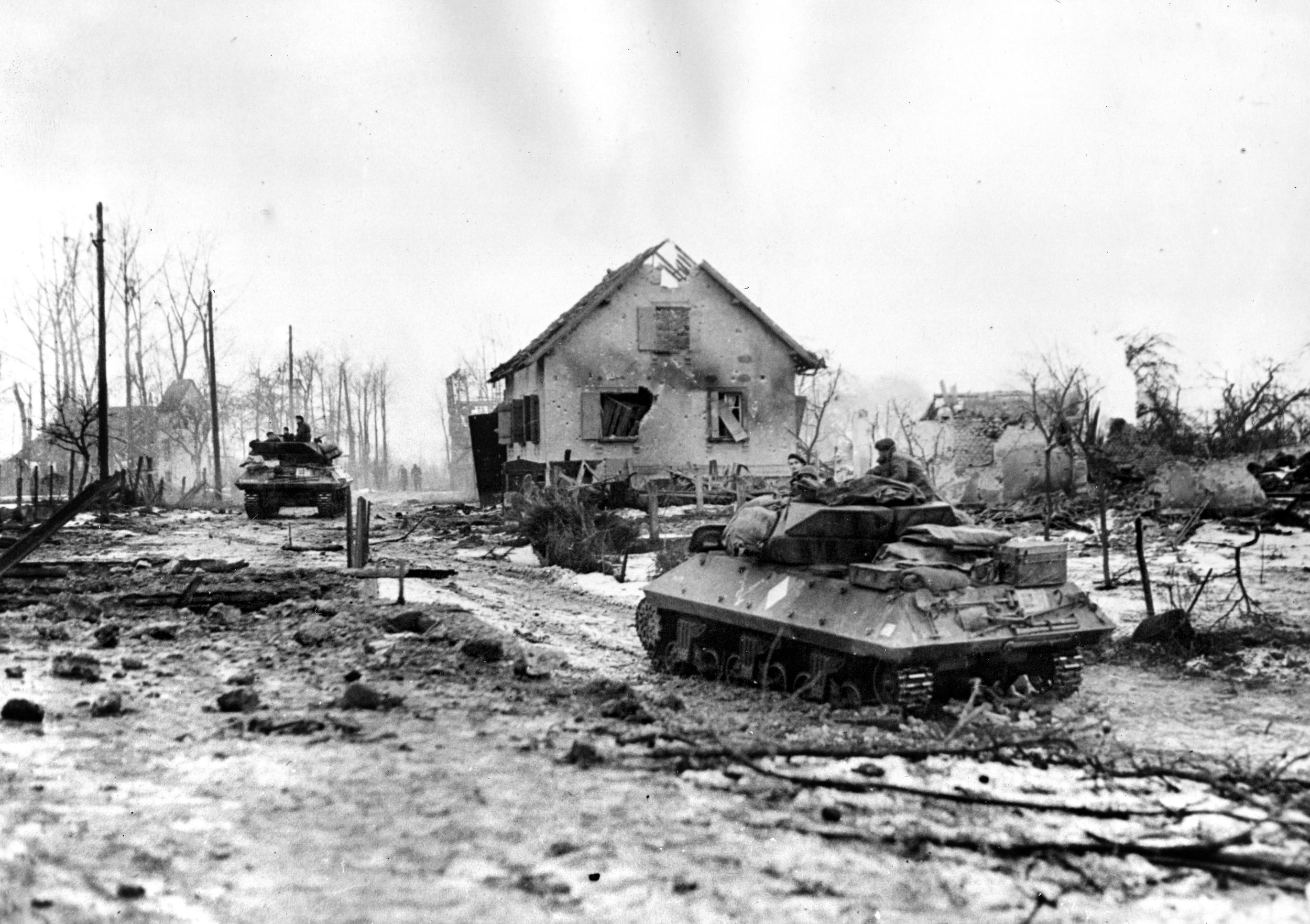 Armored troops of the French II Corps advance in U.S. tank destroyers during combat operations in the northern sector of the pocket.