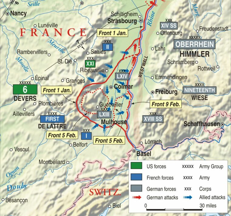  Lieutenant General Jacob Devers’ Sixth Army Group’s drive to eliminate the Germans inside the Colmar Pocket succeeded despite several setbacks, one being the slow progress of French I Corps. 