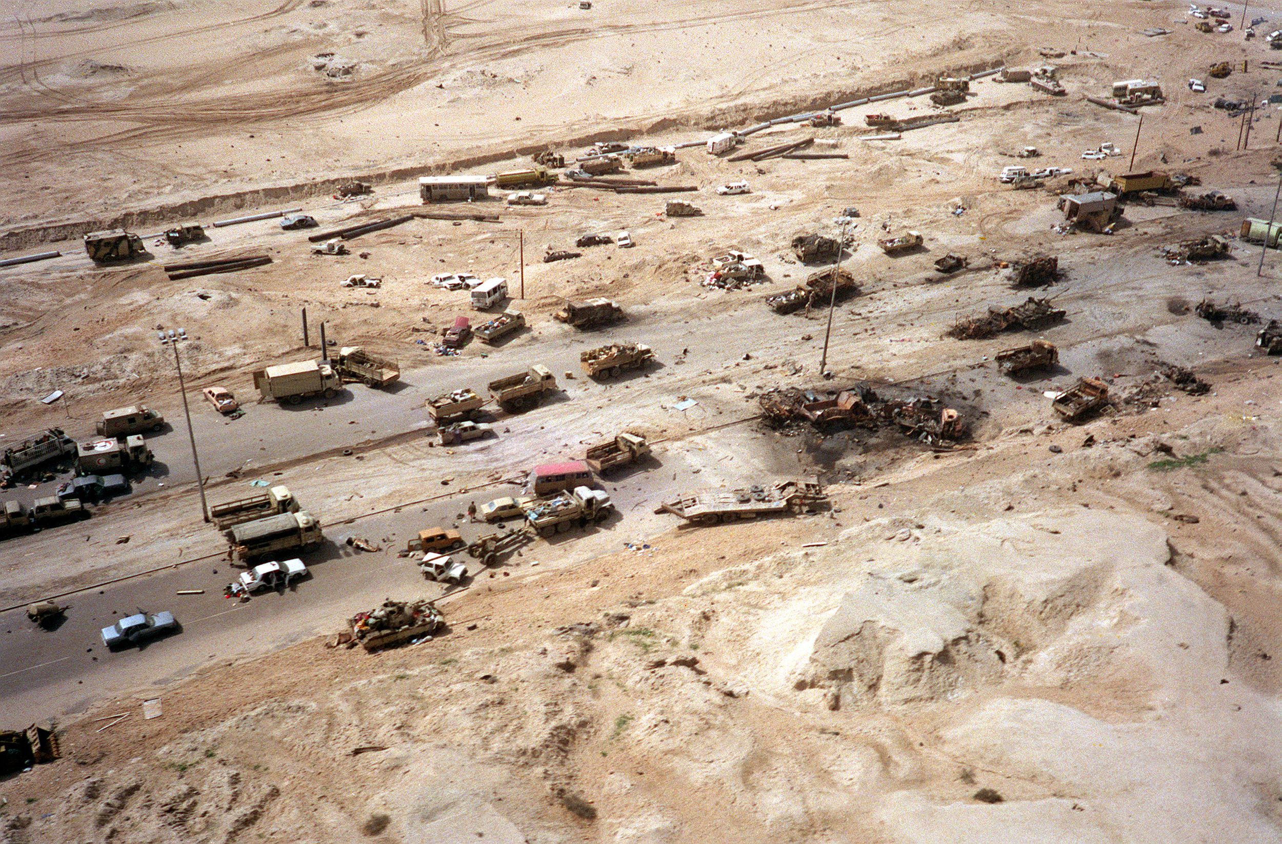 U.S. aircraft destroyed as many as 2,000 vehicles on February 26 as Iraqi forces fled west from Kuwait along six-lane Highway 80. General Norman Schwarzkopf defended the strikes on the grounds that he wanted to destroy as much Iraqi military equipment as possible.