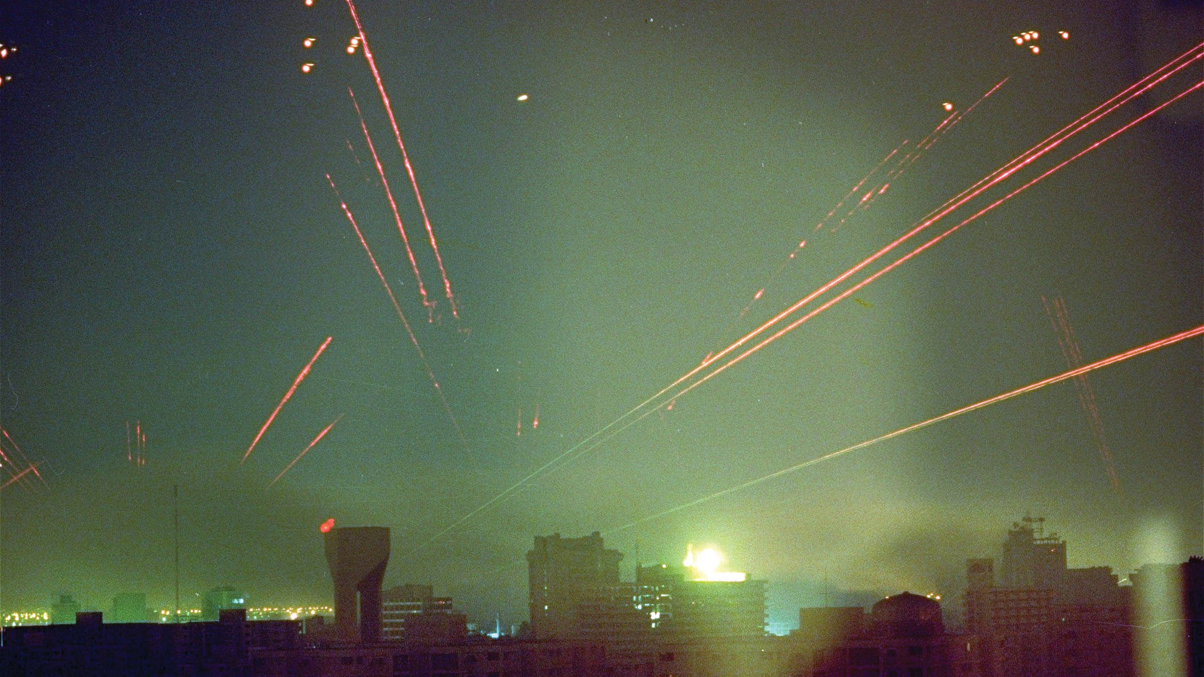 Iraqi anti-aircraft fire lights the night sky during Coalition air strikes on Baghdad. The sustained 
six-week air attack saw Coalition aircraft conduct an average of 2,000 sorties per day. 
