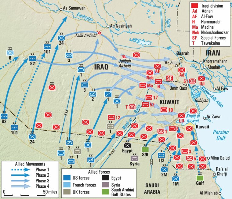  U.S. Central Command's ground strategy called for the U.S. VII and XVIII corps to execute a left-hook assault from Saudi Arabia into the Iraqi desert while the 1st Marine Expeditionary Force and Arab coalition forces struck north along the Kuwaiti coastline.