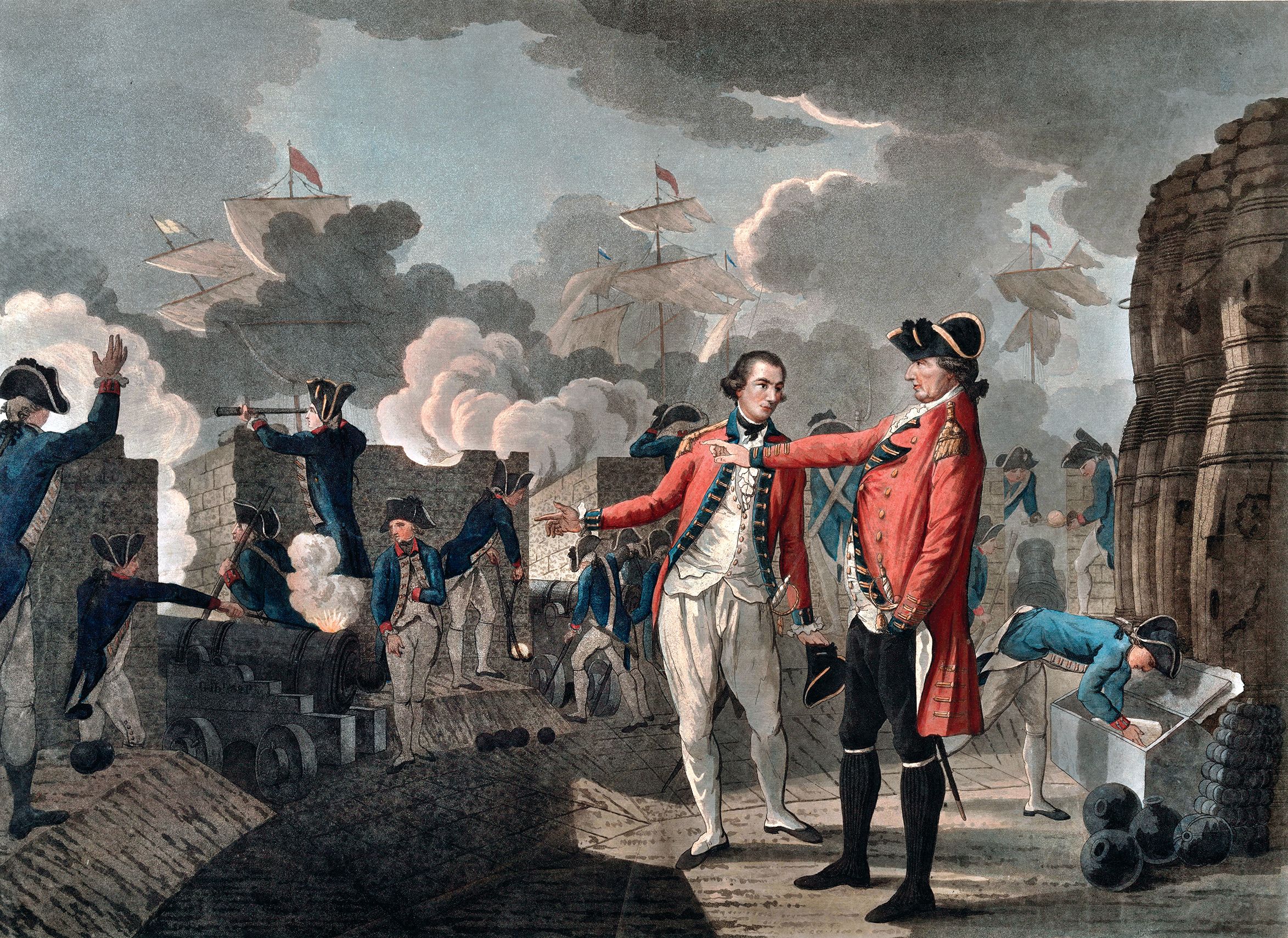 Lt. Gen. George Elliot and an unidentified officer observe Royal Artillery batteries firing on Spanish ships in the harbor. The first artillery exchange occurred in September 1779. “Every battery and angle bellowed with rage, and foamed with destruction,” wrote an observer.