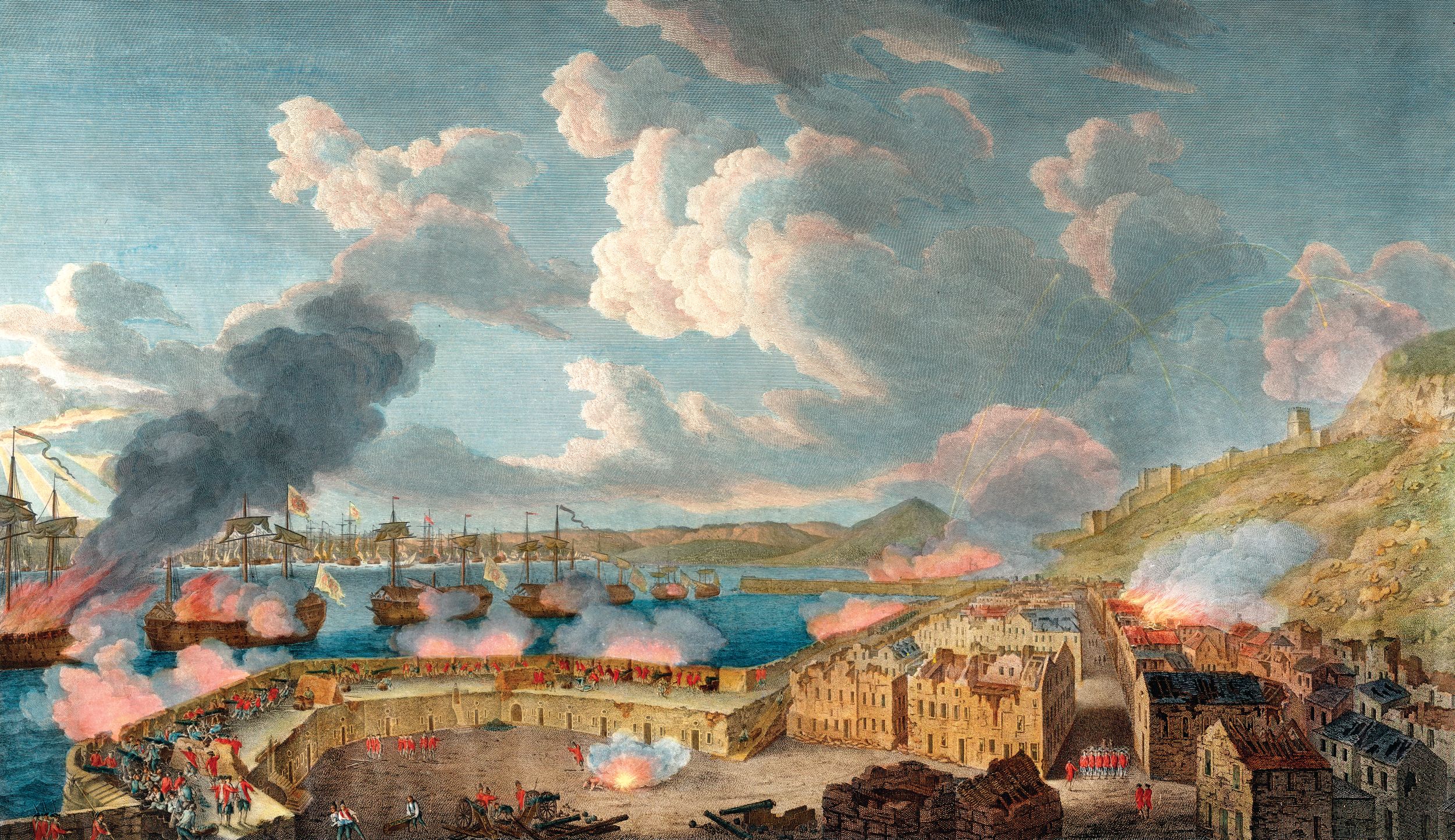 British gunners exchange fire with Spanish ships from the King’s Bastion. In spring 1781 the Spanish fired an average of 11,000 rounds a week at the British positions.
