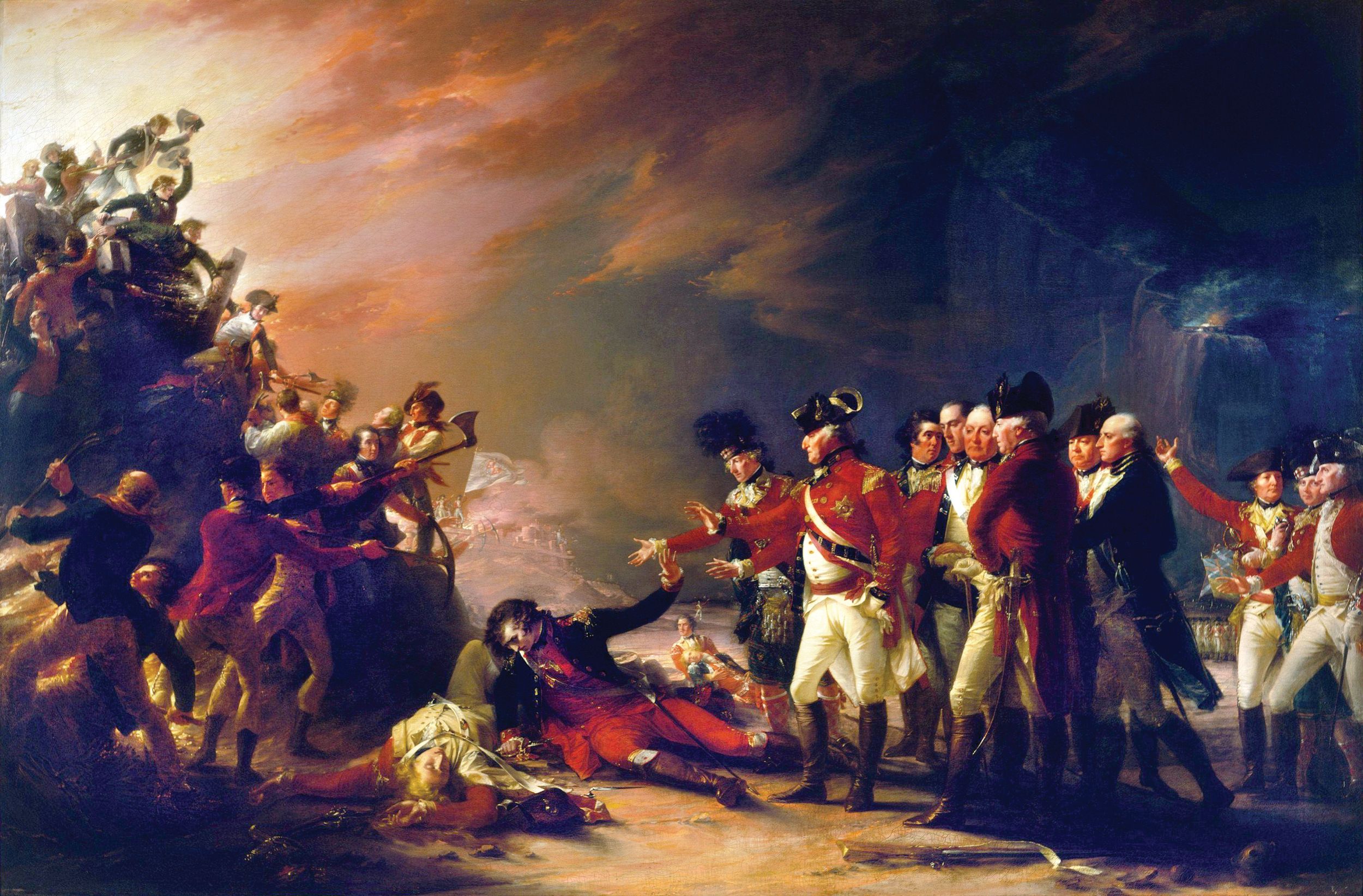 A wounded Spanish officer refuses aid from British officers during a sortie by the garrison designed to stop the steady advance of the enemy's siege works in late November 1781,