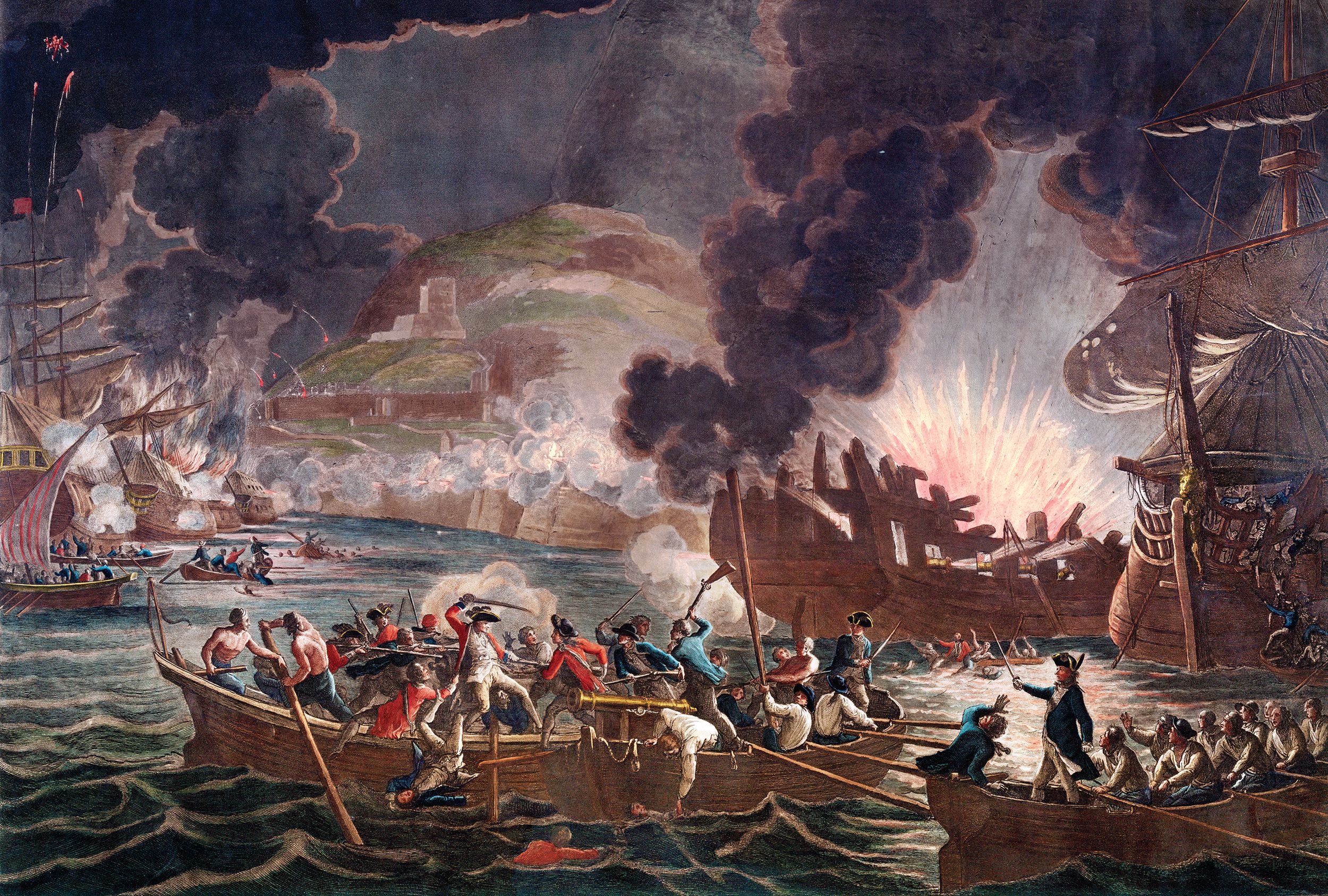 British guns firing heated shot destroyed Allied battery ships on September 13, 1782. Captain Roger Curtis’ sailors in longboats plucked several hundred survivors from the water. 
