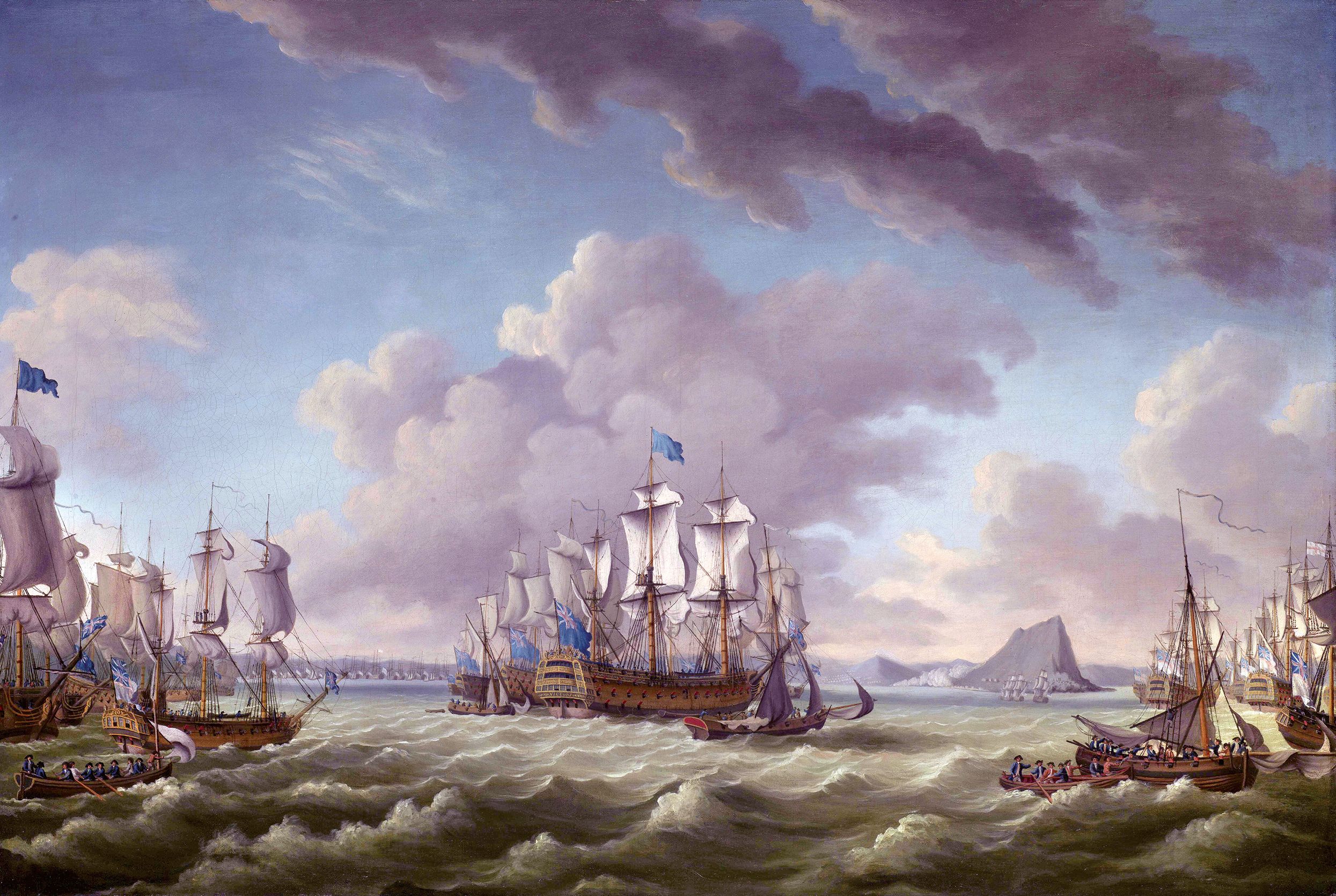 Admiral Richard Howe led 150 merchant ships bearing supplies into the harbor in October 1782. In the last major action of the siege, he then sailed to Cadiz to engage the Franco-Spanish fleet. 